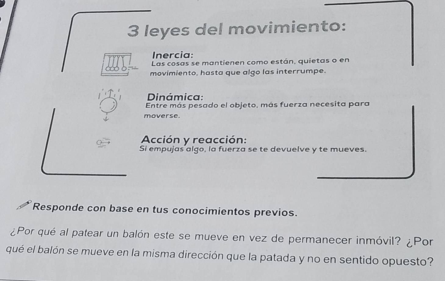 leyes del movimiento: 
Inercia: 
Las cosas se mantienen como están, quietas o en 
movimiento, hasta que algo las interrumpe. 
Dinámica: 
Entre más pesado el objeto, más fuerza necesita para 
moverse. 
Acción y reacción: 
Si empujas algo, la fuerza se te devuelve y te mueves. 
Responde con base en tus conocimientos previos. 
¿Por qué al patear un balón este se mueve en vez de permanecer inmóvil? ¿Por 
qué el balón se mueve en la misma dirección que la patada y no en sentido opuesto?