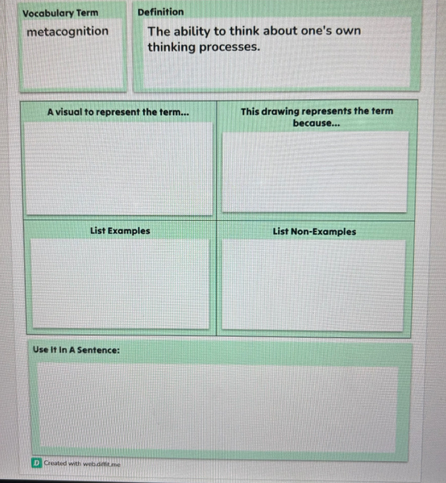 Vocabulary Term Definition 
metacognition The ability to think about one's own 
thinking processes. 
A visual to represent the term... This drawing represents the term 
because... 
List Examples List Non-Examples 
Use it in A Sentence: 
D Created with web.diffit.me