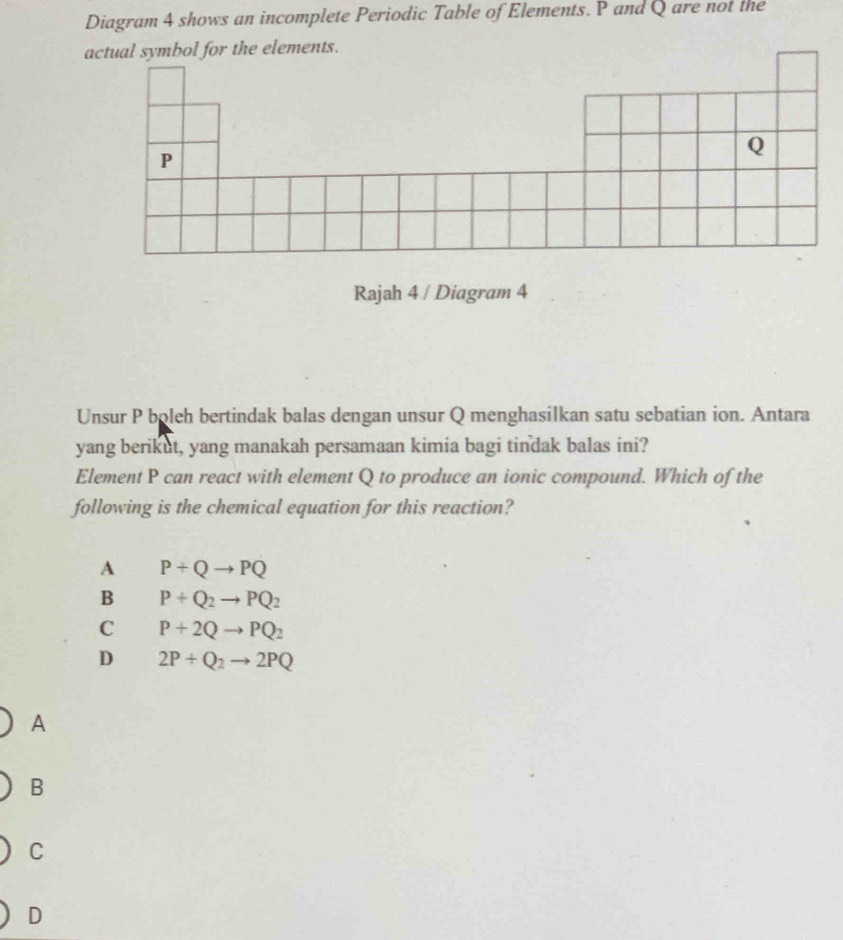 Diagram 4 shows an incomplete Periodic Table of Elements. P and Q are not the
actual symbol for the elements.
Rajah 4 / Diagram 4
Unsur P boleh bertindak balas dengan unsur Q menghasilkan satu sebatian ion. Antara
yang berikut, yang manakah persamaan kimia bagi tindak balas ini?
Element P can react with element Q to produce an ionic compound. Which of the
following is the chemical equation for this reaction?
A P+Qto PQ
B P+Q_2to PQ_2
C P+2Qto PQ_2
D 2P+Q_2to 2PQ
A
B
C
D