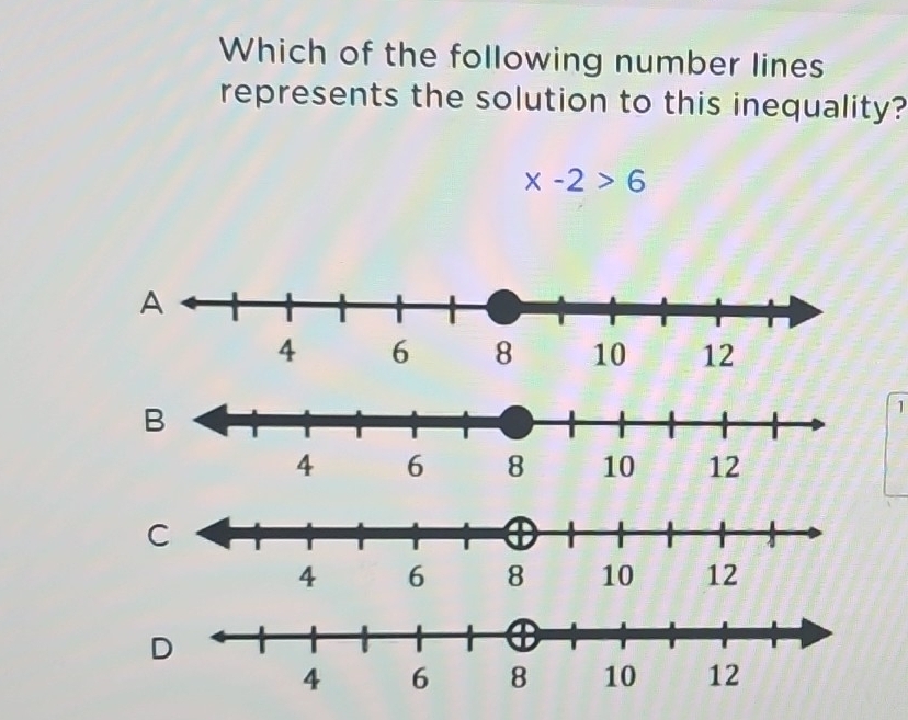 Which of the following number lines
represents the solution to this inequality?
x-2>6
B
1
C
D