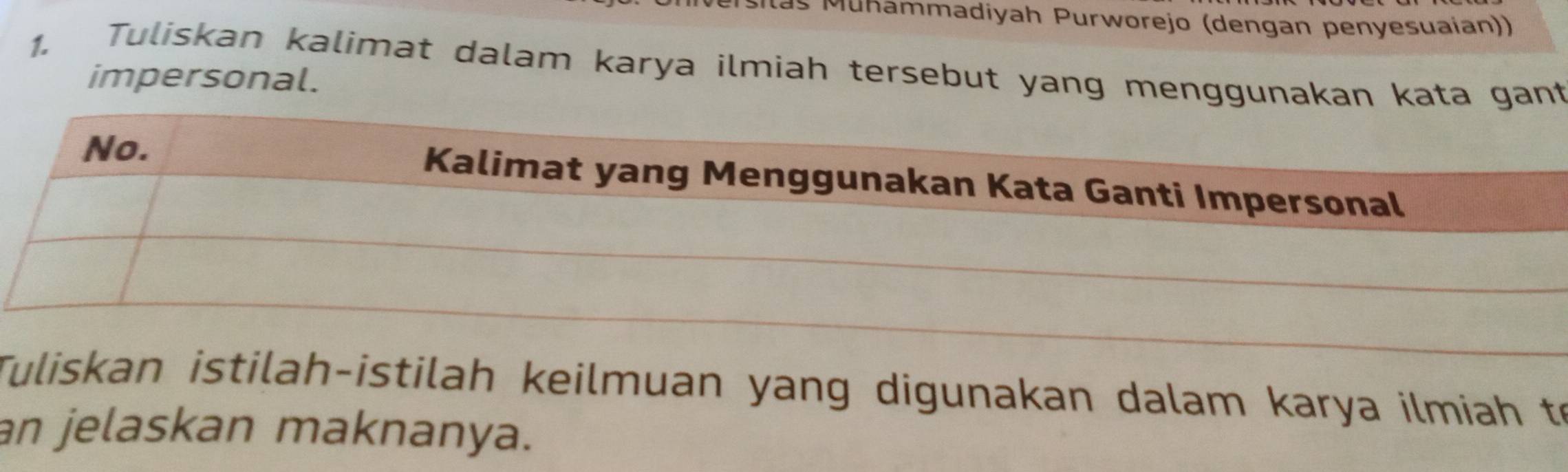 Isitas Muhammadiyah Purworejo (dengan penyesuaian)) 
1. Tuliskan kalimat dalam karya ilmiah tersebut yang menggunakan kata gant 
impersonal. 
Tuliskan istilah-istilah keilmuan yang digunakan dalam karya ilmiah to 
an jelaskan maknanya.