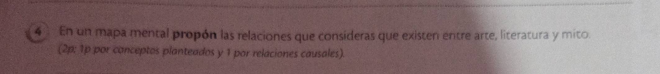4En un mapa mental propón las relaciones que consideras que existen entre arte, literatura y mito. 
(2p; 1p por conceptos planteados y 1 por relaciones causales).