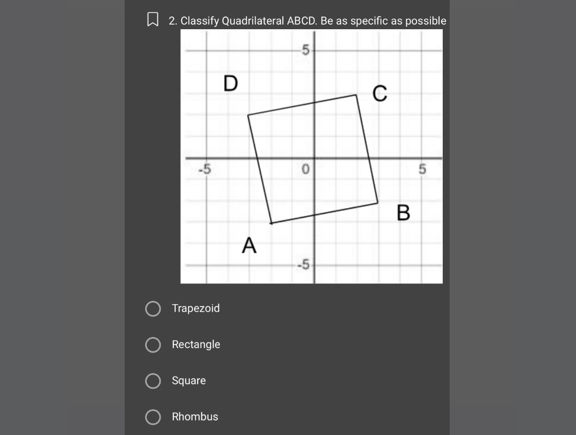 Trapezoid
Rectangle
Square
Rhombus