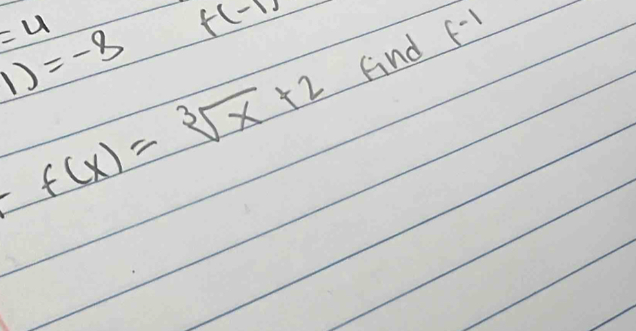 =4
f(-1)
1)=-8
f(x)=sqrt[3](x)+2 find f^(-1)