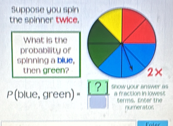 Suppose you spin 
the spinner twice. 
What is the 
probability of 
spinning a blue, 
then green? 
2×
P(blue,green)= ?/□   show your answer as 
a fraction in lowest 
terms, Enter the 
numerator 
Fnter