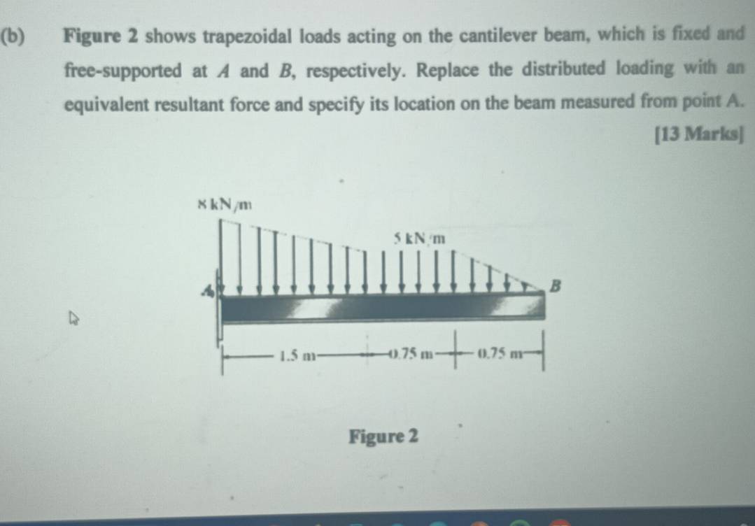 Figure 2 shows trapezoidal loads acting on the cantilever beam, which is fixed and
free-supported at A and B, respectively. Replace the distributed loading with an
equivalent resultant force and specify its location on the beam measured from point A.
[13 Marks]
8 kN/m
5 kN/m
A
B

1.5 m 0.75 m 0.75 m
Figure 2