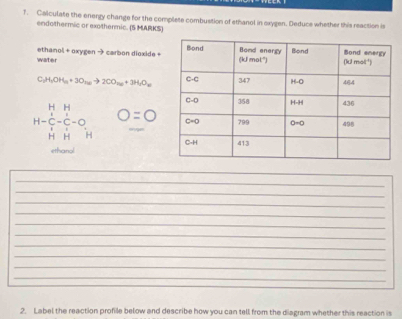 Calculate the energy change for the complete combustion of ethanol in oxygen. Deduce whether this reaction is
endothermic or exothermic. (5 MARKS)
water ethanol + oxygen → carbon dioxide +
C_2H_1OH_8+3O_16to 2CO_26+3H_2O_16
H-beginarrayr H&H C&C&C&O H&Hendarray O=0
ethanol
_
_
_
_
_
_
_
_
_
_
_
2. Label the reaction profile below and describe how you can tell from the diagram whether this reaction is