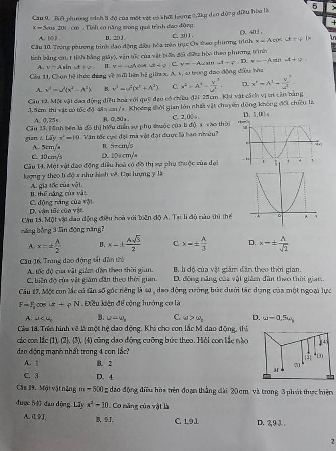 Biết phương trình li độ của một vật có khối lượng 0,2kg dao động điều hòa là 6 >
x=5cos 20t cm. Tính cơ năng trong quá trình đao động.
+
A. 10 J . B.  20 J C. 30 J . D. 40J .
Câu 10. Trong phương trình dao động điều hòa trên trục Ox theo phương trình x=Aco < <tex>ut+varphi (x n
tính bằng cm, t tính bằng giây), vận tốc của vật biến đổi điều hòa theo phương trình
A. v=Asin omega t+varphi B. v=-omega Aco ut+varphi C. v=-Aomega sin omega t+varphi D. v=-Asin varphi ·
Câu 11. Chọn hệ thức đúng về mối liên hệ giữa x, A. v, ω trong đao động điều hòa
A. v^2=omega^2(x^2-A^2). B. v^2=omega^2(x^2+A^2) C. x^2=A^2- v^2/omega^2 , D. x^2=A^2+ V^2/omega^2 
Cầu 12. Một vật dao động điều hoà với quỹ đạo có chiều dài 25cm Khi vật cách vị trí cân bằng
3,5cm thì vật có tốc độ 48π cm/s . Khoảng thời gian lớn nhất vật chuyển động không đối chiều là
A. 0,25s . B. 0,50 s C. 2. 00 s D. 1,00s
Câu 13. Hình bên là đồ thị biểu diễn sự phụ thuộc của li độ x vào thời 
gian / Lấy π^2=10 Vận tốc cực đại mà vật đạt được là bao nhiêu?
A. 5cm/s B. 5πcm/s
C. 10 cm/s D. 10π c m/s
Câu 14. Một vật dao động điều hoà có đồ thị sự phụ thuộc của đại 
lượng y theo li độ x như hình vẽ. Đại lượng y là
A. gia tốc của vật.
B. thế năng của vật.
C. động năng của vật.
D. vận tốc của vật.
Câu 15. Một vật dao động điều hoà với biên độ A. Tại li độ nào thì thế 
năng bằng 3 lần động năng?
A. x=±  A/2  B. x=±  Asqrt(3)/2  C x=±  A/3  D. x=±  A/sqrt(2) 
Câu 16. Trong dao động tắt dần thì
A. tốc độ của vật giảm dần theo thời gian. B. l độ của vật giảm dân theo thời gian.
C. biên độ của vật giảm dần theo thời gian. D. động năng của vật giảm dần theo thời gian.
Câu 17. Một con lắc có tần số góc riêng là ωạ dao động cưỡng bức dưới tác dụng của một ngoại lực
F=F_0 cO omega t+varphi N Điều kiện để cộng hướng cơ là
A. omega B. omega =omega _0 C. omega >omega _o D. omega =0,5omega _0
Câu 18. Trên hình vẽ là một hệ dao động. Khi cho con lắc M dao động, thì
các con lắc (1), (2), (3), (4) cũng dao động cưỡng bức theo. Hỏi con lắc nào
dao động mạnh nhất trong 4 con lắc? 
A. 1 B. 2
C. 3 D. 4
Câu 19. Một vật nặng m=500 g đao động điều hòa trên đoạn thẳng dài 20cm và trong 3 phút thực hiện
được 540 đao động. Lãy π^2=10 Cơ năng của vật là
A. 0, 9 J. B. 9 J. C. 1,9 J. D. 2,9 J. .
2