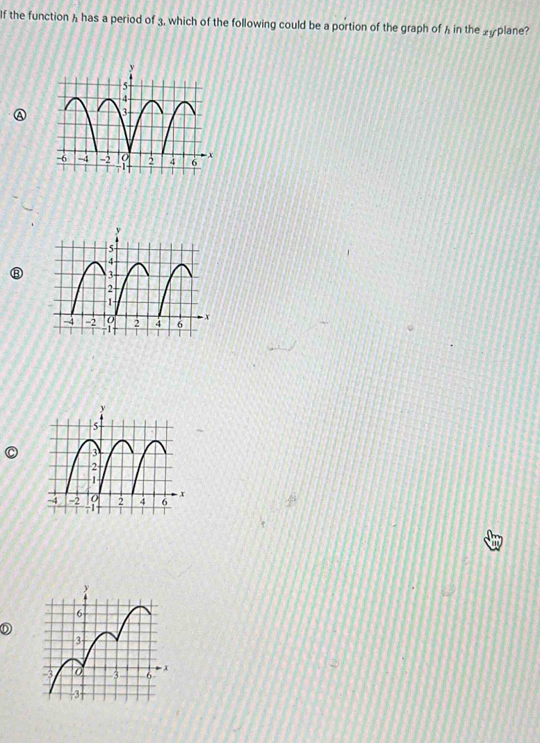 If the function h has a period of 3, which of the following could be a portion of the graph of h in the 2y plane? 
A