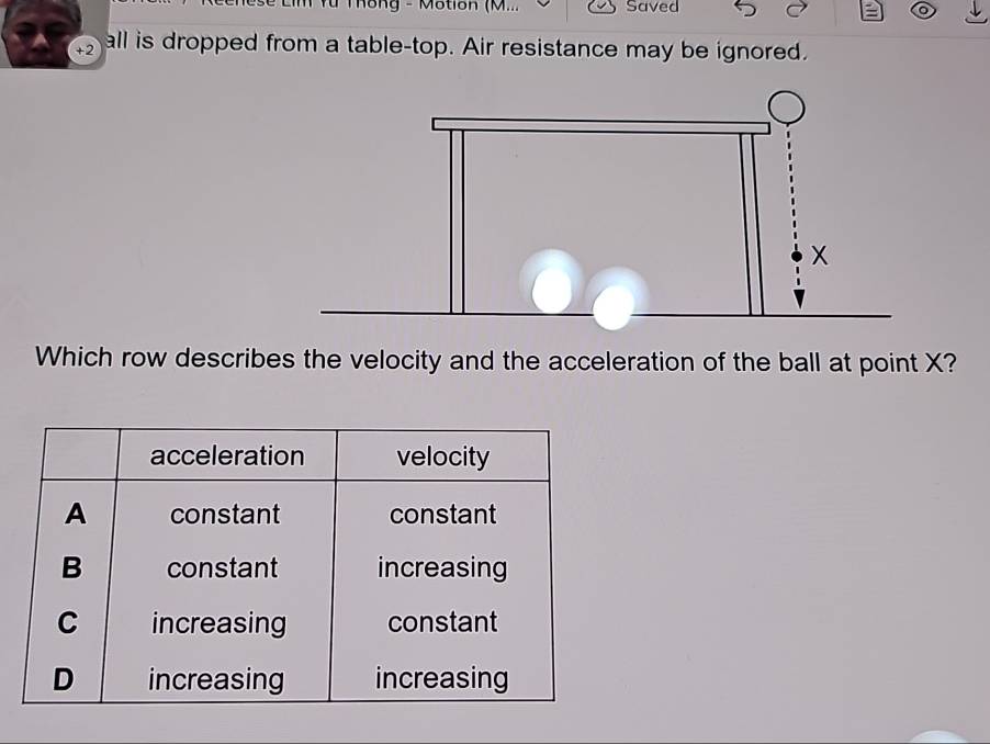 Yừ Thông - Motion (M... Saved 
+2 all is dropped from a table-top. Air resistance may be ignored. 
Which row describes the velocity and the acceleration of the ball at point X?