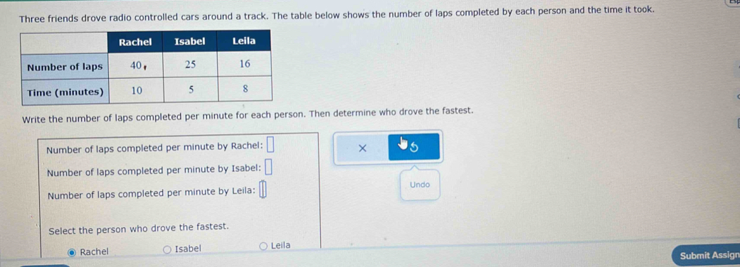 Three friends drove radio controlled cars around a track. The table below shows the number of laps completed by each person and the time it took. 
Write the number of laps completed per minute for each person. Then determine who drove the fastest. 
Number of laps completed per minute by Rachel: □ 
× 
Number of laps completed per minute by Isabel: □
Number of laps completed per minute by Leila: □ 
Undo 
Select the person who drove the fastest. 
Rachel Isabel Leila 
Submit Assign