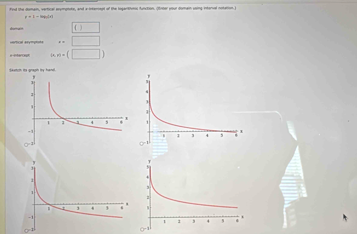 Find the domain, vertical asymptote, and x-intercept of the logarithmic function. (Enter your domain using interval notation.)
y=1-log _3(x)
domain ( □ 
vertical asymptote x=□
x -intercep (x,y)=(□ )
Sketch its graph by hand.