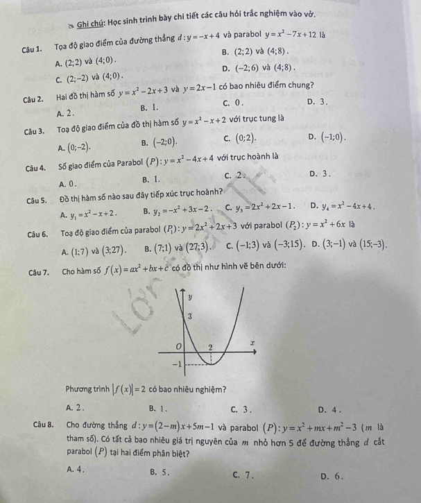 Ghi chú: Học sinh trình bày chi tiết các câu hỏi trắc nghiệm vào vở.
Câu 1. Tọa độ giao điểm của đường thẳng đ : :y=-x+4 và parabol y=x^2-7x+12 là
A. (2;2) và (4;0). B. (2;2) và (4;8).
C. (2;-2) và (4;0). D. (-2;6) và (4;8).
Câu 2. Hai đồ thị hàm số y=x^2-2x+3 và y=2x-1 có bao nhiêu điểm chung?
C. 0 . D. 3.
A. 2 . B. 1.
Câu 3. Toạ độ giao điểm của đồ thị hàm số y=x^2-x+2 với trục tung là
A. (0;-2). B. (-2;0). C. (0;2). D. (-1;0).
Câu 4. Số giao điểm của Parabol (P):y=x^2-4x+4 với trục hoành là
A. 0 . B. 1. C. 2 . D. 3 .
Câu 5. Đồ thị hàm số nào sau đây tiếp xúc trục hoành?
A. y_1=x^2-x+2. B. y_2=-x^2+3x-2. C. y_3=2x^2+2x-1. D. y_4=x^2-4x+4.
Câu 6. Toạ độ giao điểm của parabol (P_1):y=2x^2+2x+3 với parabol (P_2):y=x^2+6x là
A. (1;7) và (3;27). B. (7;1) và (27;3). C. (-1;3) và (-3;15) D. (3;-1) và (15;-3).
Câu 7. Cho hàm số f(x)=ax^2+bx+c có đồ thị như hình vẽ bên dưới:
Phương trình |f(x)|=2 có bao nhiêu nghiệm?
A. 2 . B. 1 . C. 3 . D. 4 .
Câu 8. Cho đường thẳng d : y=(2-m)x+5m-1 và parabol (P):y=x^2+mx+m^2-3 (m là
tham số). Có tất cả bao nhiêu giá trị nguyên của m nhỏ hơn 5 để đường thẳng đ cắt
parabol (P) tại hai điểm phân biệt?
A. 4 . B. 5 . C. 7 . D. 6 .