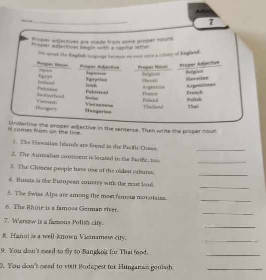 Atge 
_ 

7 
Proper adjectives are made from some proper nouns. 
Proper adjectives begin with a capital letter. 
We speak the Englishonce a colony of England. 
ective in the sentence. Then write the proper noun 
it comes from on the line. 
1. The Hawaiian Islands are found in the Pacific Ocean._ 
2. The Australian continent is located in the Pacific, too._ 
_ 
3. The Chinese people have one of the oldest cultures. 
_ 
4. Russia is the European country with the most land. 
_ 
5. The Swiss Alps are among the most famous mountains. 
_ 
6. The Rhine is a famous German river. 
_ 
7. Warsaw is a famous Polish city. 
8. Hanoi is a well-known Vietnamese city. 
_ 
9. You don’t need to fly to Bangkok for Thai food. 
_ 
0. You don’t need to visit Budapest for Hungarian goulash._