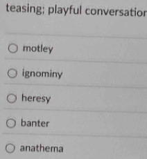 teasing; playful conversatior
motley
ignominy
heresy
banter
anathema