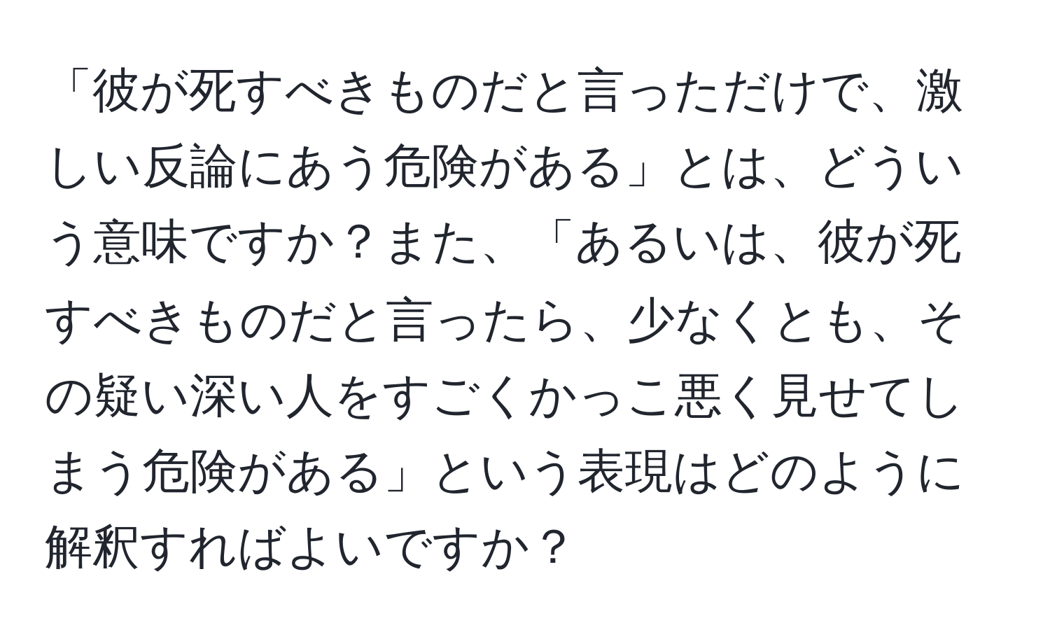 「彼が死すべきものだと言っただけで、激しい反論にあう危険がある」とは、どういう意味ですか？また、「あるいは、彼が死すべきものだと言ったら、少なくとも、その疑い深い人をすごくかっこ悪く見せてしまう危険がある」という表現はどのように解釈すればよいですか？