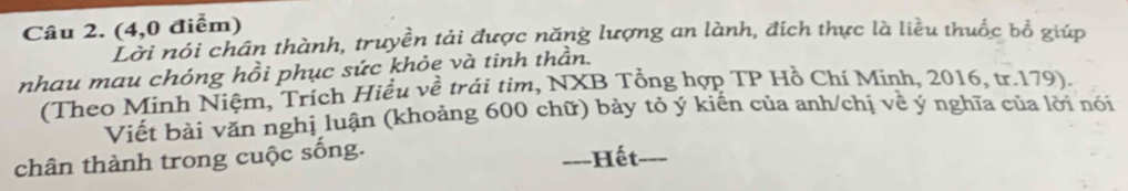 (4,0 điểm) 
Lời nói chân thành, truyền tải được năng lượng an lành, đích thực là liều thuốc bổ giúp 
nhau mau chóng hồi phục sức khỏe và tinh thần. 
(Theo Minh Niệm, Trích Hiều về trải tim, NXB Tổng hợp TP Hồ Chí Mính, 2016, tr. 179). 
Viết bài văn nghị luận (khoảng 600 chữ) bày tỏ ý kiến của anh/chị về ý nghĩa của lời nói 
chân thành trong cuộc sống. ---Hết-_ ---