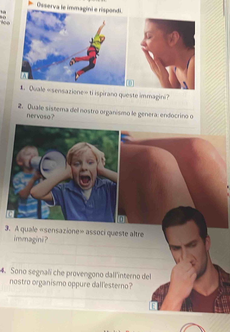 Osserva le imm 
na 
o 
ico 
Quale «sensazione» ti ispirano queste immagini? 
2. Quale sistema del nostro organismo le genera: endocrino o 
nervoso? 
9. A quale «sensazione» associ queste altre 
_ 
immagini? 
_ 
_ 
4. Sono segnali che provengono dall'interno del 
nostro organismo oppure dall'esterno? 
_