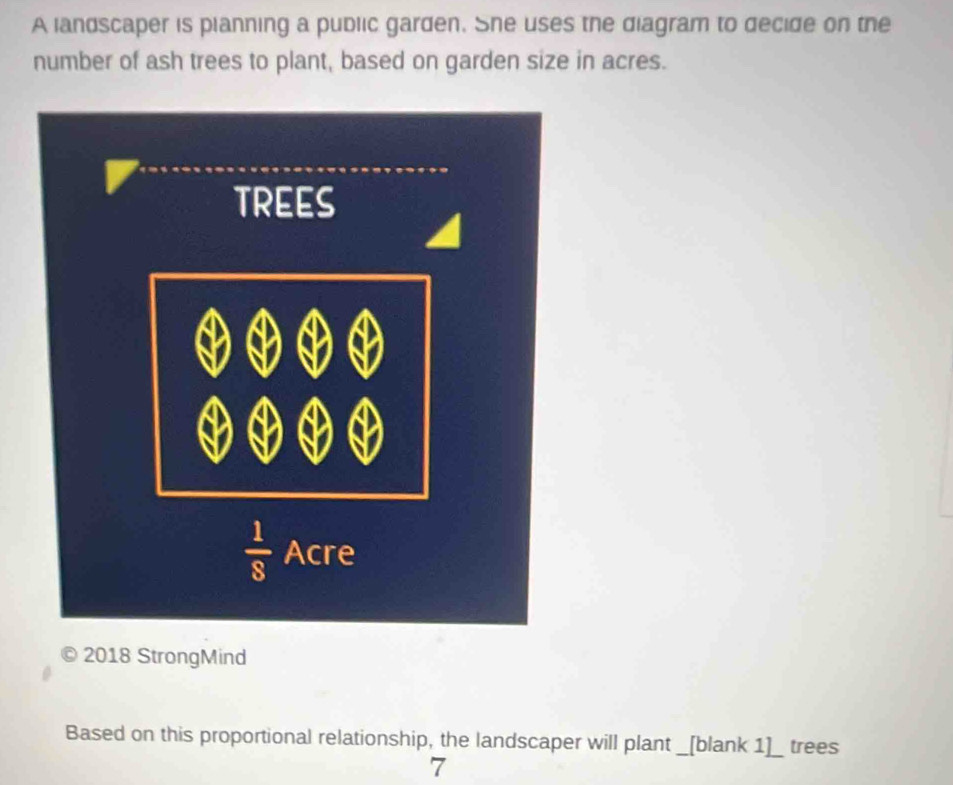 A landscaper is planning a public garden. She uses the diagram to decide on the
number of ash trees to plant, based on garden size in acres.
2018 StrongMind
Based on this proportional relationship, the landscaper will plant _[blank 1]_ trees
7