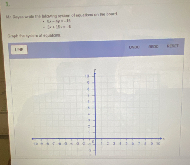 Mr. Reyes wrote the following system of equations on the board.
8x-4y=-16
3x+15y=-6
Graph the system of equations.
LINE UNDO REDO RESET