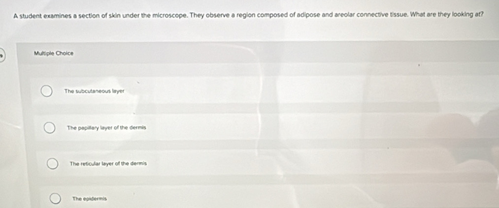 A student examines a section of skin under the microscope. They observe a region composed of adipose and areolar connective tissue. What are they looking at?
Multiple Choice
The subcutaneous layer
The papillary layer of the dermis
The reticular layer of the dermis
The epidermis