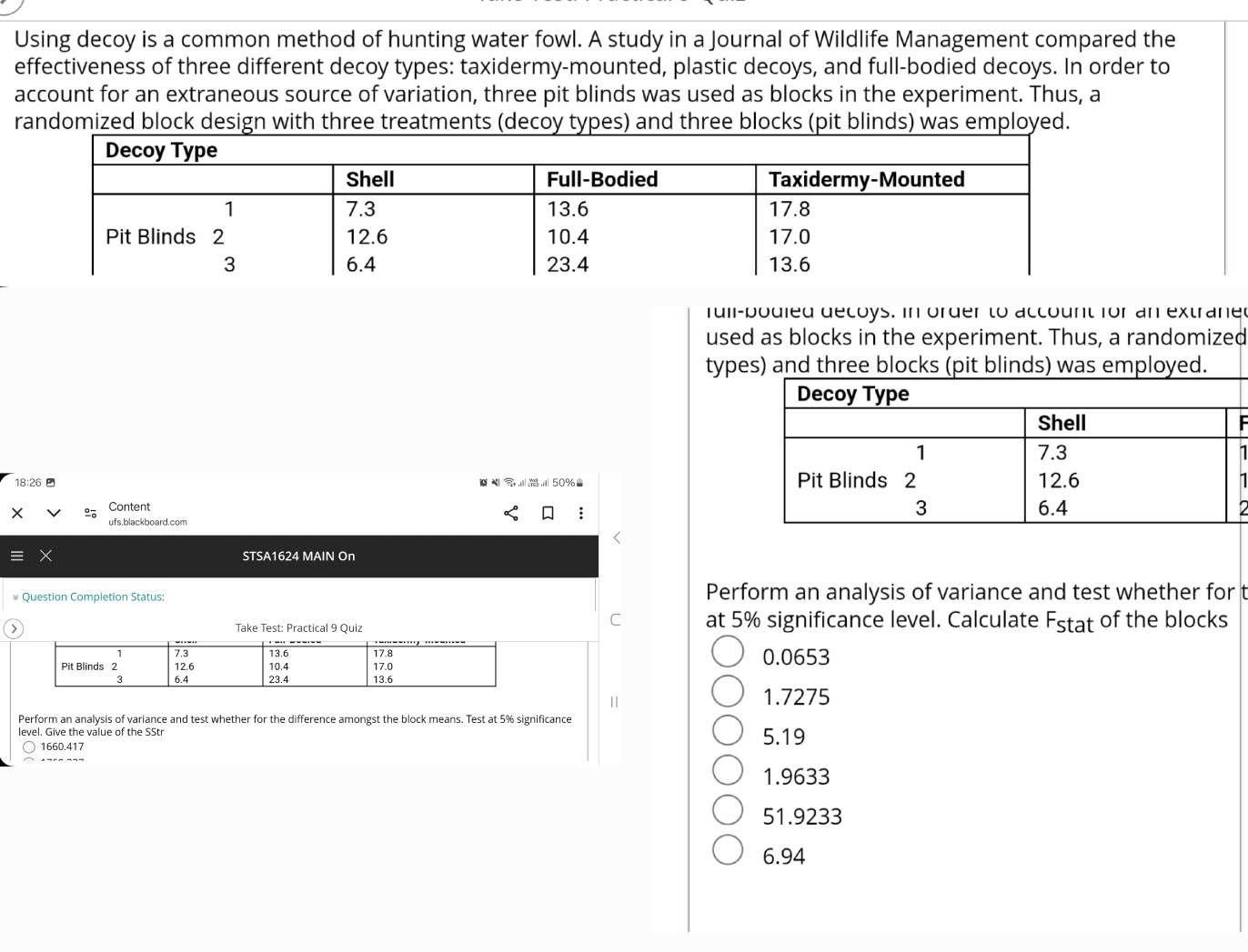 Using decoy is a common method of hunting water fowl. A study in a Journal of Wildlife Management compared the
effectiveness of three different decoy types: taxidermy-mounted, plastic decoys, and full-bodied decoys. In order to
account for an extraneous source of variation, three pit blinds was used as blocks in the experiment. Thus, a
randomized block design with three treatments (decoy types) and three blocks (pit blinds) was employed.
rull-podied decoys. In order to account for an extraned
used as blocks in the experiment. Thus, a randomized
types) and three blocks (pit blinds) was employed.
  
1
18:26  50% 
Content 
ufs.blackboard.com
STSA1624 MAIN On
* Question Completion Status: Perform an analysis of variance and test whether for t
C
Take Test: Practical 9 Quiz at 5% significance level. Calculate F_stat of the blocks
0.0653
1.7275
Perform an analysis of variance and test whether for the difference amongst the block means. Test at 5% significance
level. Give the value of the SStr 5.19
1660.417
1.9633
51.9233
6.94