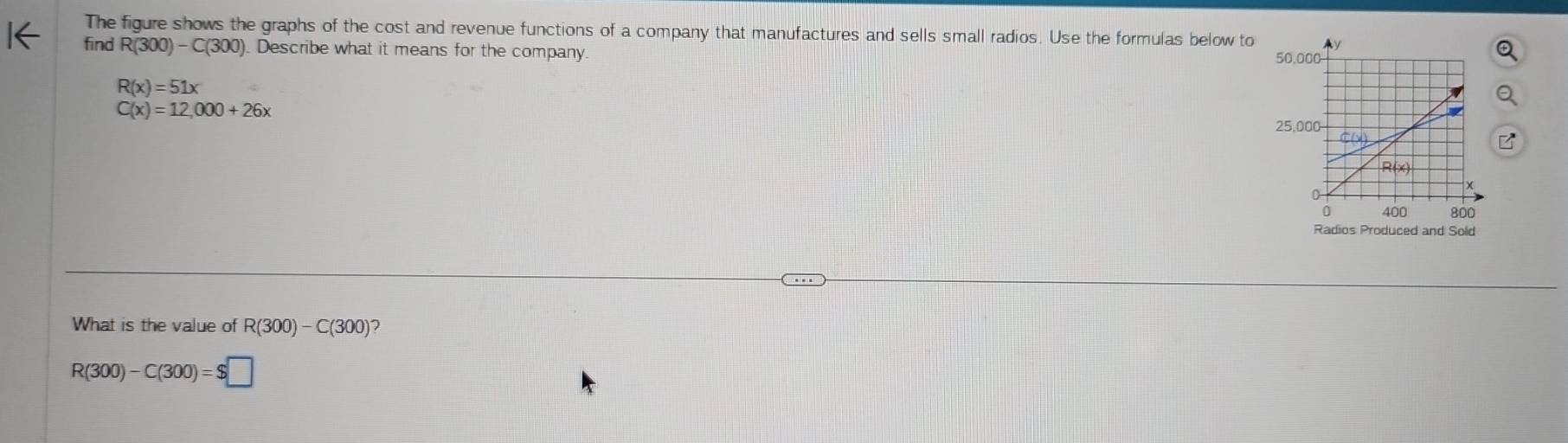 The figure shows the graphs of the cost and revenue functions of a company that manufactures and sells small radios. Use the formulas below to 
find R(300)-C(300). Describe what it means for the company.
R(x)=51x
C(x)=12,000+26x
Radios Produced and Sold 
What is the value of R(300)-C(300) 2
R(300)-C(300)=$□