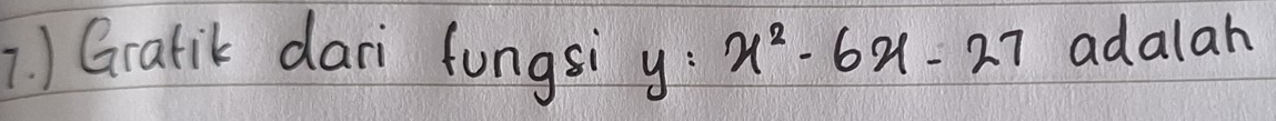 ) Grafik dari fungsi y : x^2-6x-27 adalah