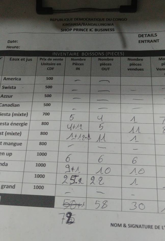REPUBLIQUE DEMOCRATIQUE DU CONGO 
KINSHASA/BANDALUNGWA 
SHOP PRINCE I BUSINESS 
DETAILS 
Date: ENTRANT 
Heure: 
r Ma 
pi 
Ven 
Am 
Swi 
Azzu 
Cana 
iesta 
esta 
st (m 
t ma 
en u 
da 
gra 
NOM & SIGNATURE DE L