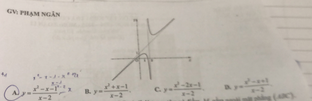 GV: PHẠM NGÂN
A. y= (x^2-x-1)/x-2  B. y= (x^2+x-1)/x-2 . C. y= (x^2-2x-1)/x-2 . D. y= (x^2-x+1)/x-2 . 
im ngoời một phẳng (ADC).