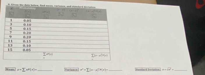 Mean: mu =sumlimits xP(x)= _ Variance sigma^2=sumlimits (x-mu )^2P(x)= _Standard Deviation sigma =sqrt(sigma^3)= _