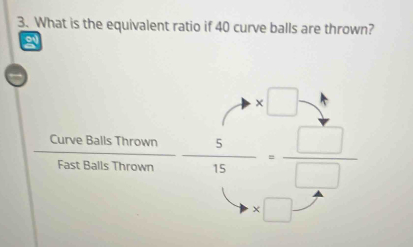 What is the equivalent ratio if 40 curve balls are thrown? 
2
* □
C  urveBallsThrown/FastBallsThrown  5/15 = □ /□  . 
* □ .