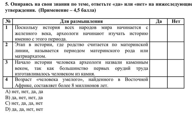 Олираясь на свои знанияпо теме, ответьте «да» или «нет» на нижеследуюошие
утвержления. (Применение - 4,5 баллла)
В) да, нет, нет, да
С) нет, да, да, нет
D) да, да, нет, нет