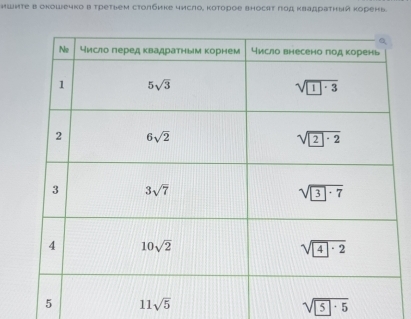 ишите в окошечко в третвем столбике число, κоτорое вносят под κвадраτныя корень
11sqrt(5)
sqrt(5· 5)