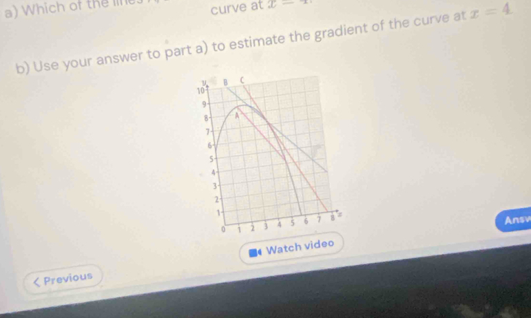 Which of the lin 
curve at x=x
b) Use your answer to part a) to estimate the gradient of the curve at x=4
101 B C
9
8 A
7
6 -
5
4
3
2
1
0 i 2 3 4 5 6 7 8
Ansv 
Previous Watch video