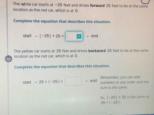 The white car starts at −25 feet and drives forward 25 feet to be at the same 
location as the red car, which is at 0. 
Complete the equation that describes this situation.
startto (-25)+25=□ - end 
The yellow car starts at 25 feet and drives backward 25 feet to be at the same 
location as the red car, which is at 0. 
Complete the equation that describes this situation. 
Remember, you can add 
start -25+(-25)=□ end numbers in any order and the 
sum is the same.
So,(-25)+25 is the same as
25+(-25).