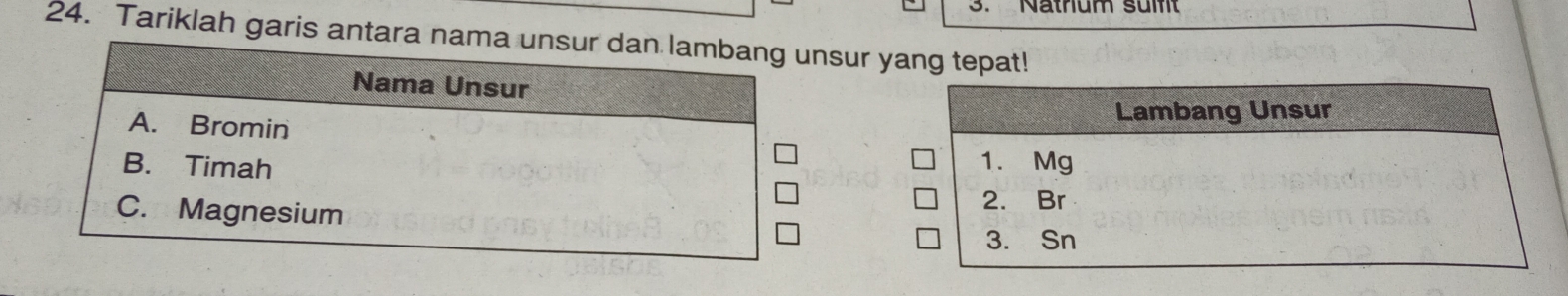 Natrium sülft
24. Tariklah garis antara nama unsur dan lambang unsur yang tepat!
Nama Unsur
A. Bromin
B. Timah
C. Magnesium