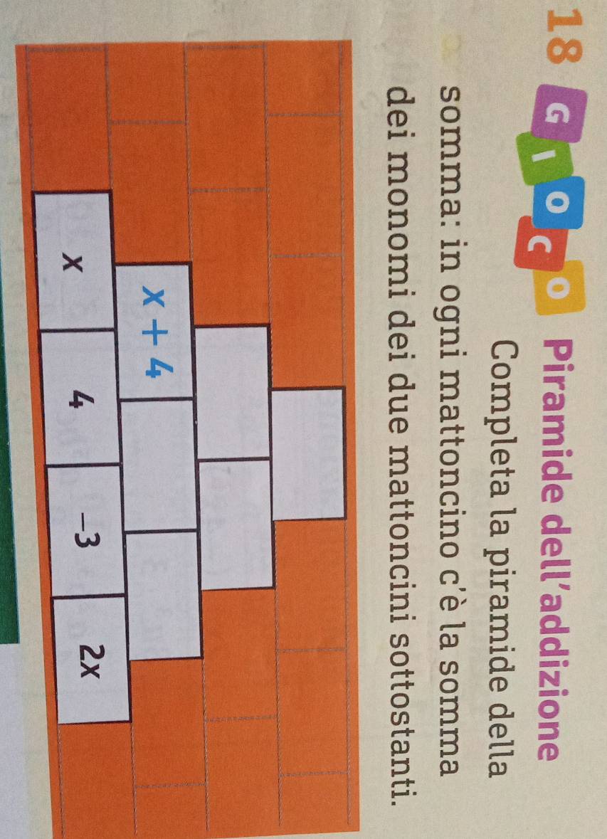 Gº    Piramide dell’addizione
Completa la piramide della
somma: in ogni mattoncino c'è la somma
dei monomi dei due mattoncini sottostanti.
