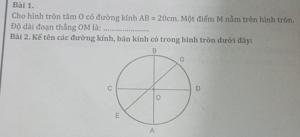 Cho hình tròn tâm O có đường kính AB=20cm.. Một điểm M nằm trên hình tròn. 
Độ dài đoạn thẳng OM là:_ 
Bài 2. Kể tên các đường kính, bán kính có trong hình tròn dưới đây: