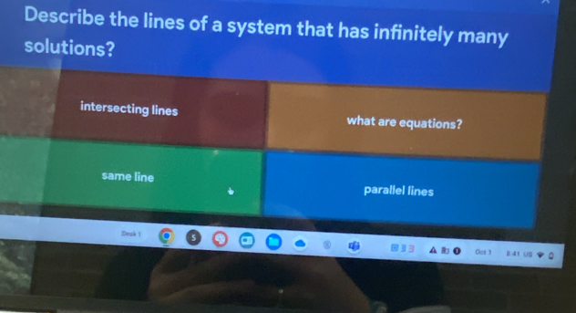 Describe the lines of a system that has infinitely many
solutions?
intersecting lines what are equations?
same line parallel lines
Desk 1 Out 1 8:41 US