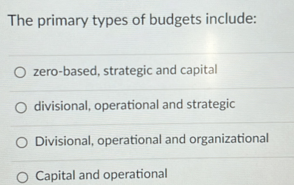 The primary types of budgets include:
zero-based, strategic and capital
divisional, operational and strategic
Divisional, operational and organizational
Capital and operational