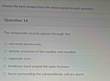 Choose the best answer from the choices given in each question.
Question 16
The temporalis muscle passes through the
epicranial aponeurosis.
alveolar processes of the maxillae and mandible.
zygomatic arch.
tendinous band around the optic foramen.
fascia surrounding the submandibular salivary gland.