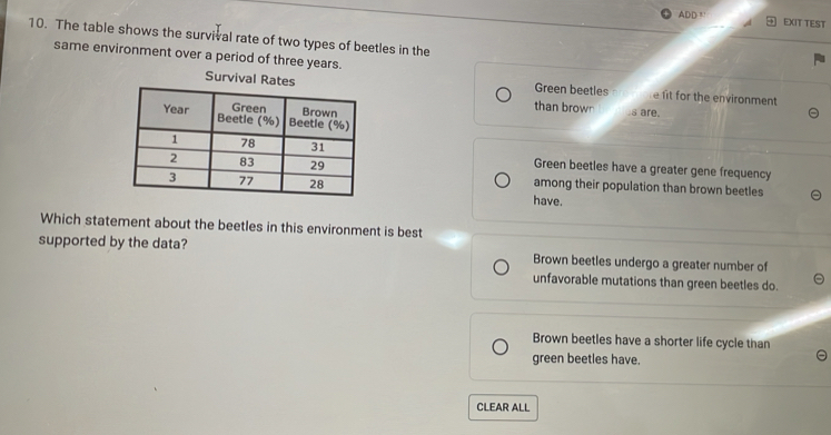 ADD= EXIT TEST
10. The table shows the survival rate of two types of beetles in the
same environment over a period of three years.
Green beetles e fit for the environment
Survival than brown s are.
Green beetles have a greater gene frequency
among their population than brown beetles
have.
Which statement about the beetles in this environment is best
supported by the data? Brown beetles undergo a greater number of
unfavorable mutations than green beetles do.
Brown beetles have a shorter life cycle than
green beetles have.
CLEAR ALL