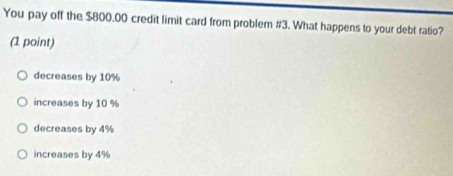 You pay off the $800.00 credit limit card from problem #3. What happens to your debt ratio?
(1 point)
decreases by 10%
increases by 10 %
decreases by 4%
increases by 4%