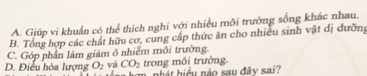 A. Giúp vi khuẩn có thể thích nghi với nhiều môi trường sống khác nhau.
B. Tổng hợp các chất hữu cơ, cung cấp thức ăn cho nhiều sinh vật dị đưỡng
C. Góp phần làm giảm ô nhiễm môi trường.
D. Điều hòa lượng O_2 yà CO_2 trong môi trưởng.
phát biểu nào sau đây sai?