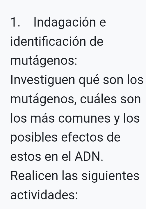 Indagación e 
identificación de 
mutágenos: 
Investiguen qué son los 
mutágenos, cuáles son 
los más comunes y los 
posibles efectos de 
estos en el ADN. 
Realicen las siguientes 
actividades: