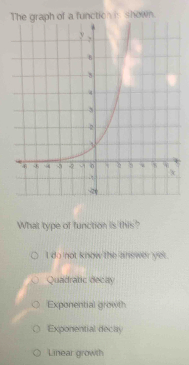 The graph of a function is shown.
What type of function is this?
I do not know the answer yet.
Quadratic decay
Exponential growth
Exponential decay
Linear growth