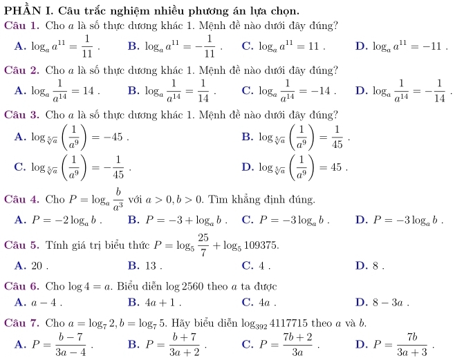 PHÀN I. Câu trắc nghiệm nhiều phương án lựa chọn.
Câu 1. Cho a là số thực dương khác 1. Mệnh đề nào dưới đây đúng?
A. log _aa^(11)= 1/11 . B. log _aa^(11)=- 1/11 . C. log _aa^(11)=11. D. log _aa^(11)=-11.
Câu 2. Cho a là số thực dương khác 1. Mệnh đề nào dưới đây đúng?
A. log _a 1/a^(14) =14. B. log _a 1/a^(14) = 1/14 . C. log _a 1/a^(14) =-14. D. log _a 1/a^(14) =- 1/14 .
Câu 3. Cho a là số thực dương khác 1. Mệnh đề nào dưới đây đúng?
A. log _sqrt[5](a)( 1/a^9 )=-45. log _sqrt[5](a)( 1/a^9 )= 1/45 .
B.
C. log _sqrt[5](a)( 1/a^9 )=- 1/45 . log _sqrt[5](a)( 1/a^9 )=45.
D.
Câu 4. Cho P=log _a b/a^3  với a>0,b>0. Tìm khẳng định đúng.
A. P=-2log _ab. B. P=-3+log _ab. C. P=-3log _ab. D. P=-3log _ab.
Câu 5. Tính giá trị biểu thức P=log _5 25/7 +log _5109375.
A. 20 . B. 13 . C. 4 . D. 8 .
Câu 6. Cho log 4=a. Biểu diễn log 2560 theo a ta được
A. a-4. B. 4a+1. C. 4a . D. 8-3a.
Câu 7. Cho a=log _72,b=log _75.  Hãy biểu diễn log _3924117715 theo a và b.
A. P= (b-7)/3a-4 . B. P= (b+7)/3a+2 . C. P= (7b+2)/3a . D. P= 7b/3a+3 .