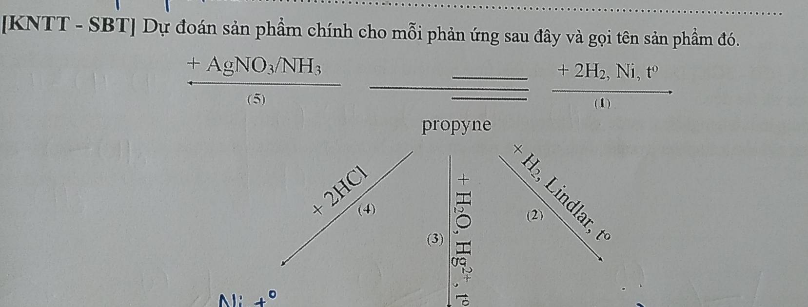 [KNTT - SBT] Dự đoán sản phẩm chính cho mỗi phản ứng sau đây và gọi tên sản phẩm đó.
+AgNO_3/NH_3
(5)
frac +2H_2,Ni,t'(1)
propyne 
□ _a 
_ 3 1₂, Lindlar, 
1 
(3) (2) 
A: