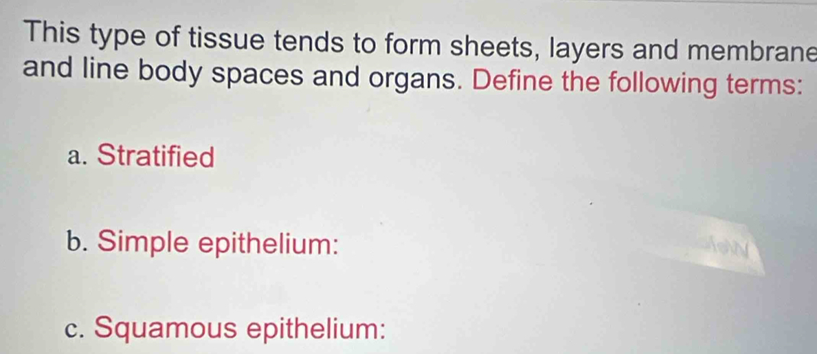 This type of tissue tends to form sheets, layers and membrane 
and line body spaces and organs. Define the following terms: 
a. Stratified 
b. Simple epithelium: 
c. Squamous epithelium: